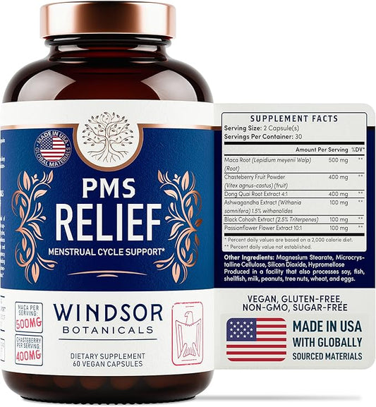 PMS Support Supplement for Women with Chasteberry, Maca Root, Ashwagandha - Period Relief, Bloating Relief for Women, Mood Support, Hormone Balance Herbal Supplements - 30 Day, 60 Vegan Capsules