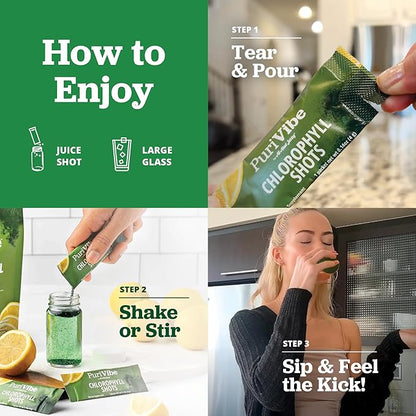 All About Juicing PuriVibe Chlorophyll Shots | Superfood Juice Powder, Wellness Shot Supplement - 2X Strength - Green Juice - Infused with Lemon & Apple - 15 Stick Packs