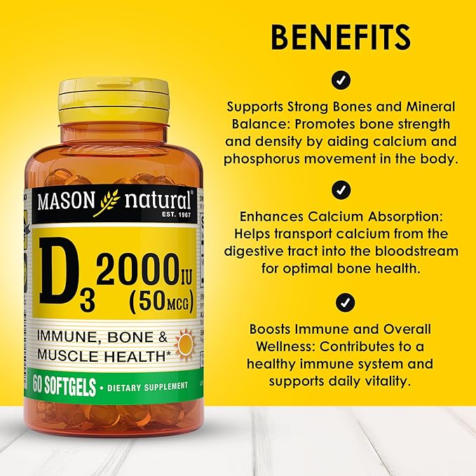 MASON NATURAL Vitamin D3 2,000 IU Ultra Strength, Supports Bone Density, Strength & Immune Health, 60 Softgels