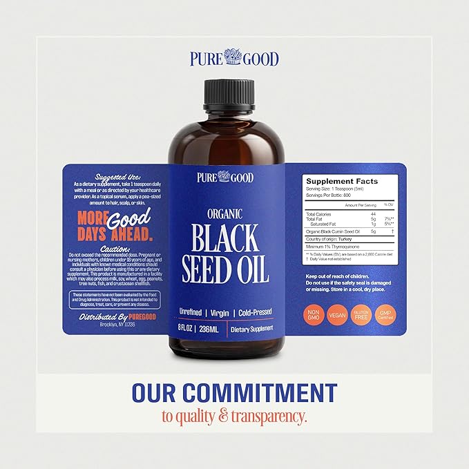 Organic Black Seed Oil Liquid (8oz) Quality Antioxidant Black Seed Supplement, Non- GMO Vegan & Gluten Free Cumin Oil for Hair Growth, Digestion, Joints & Skin