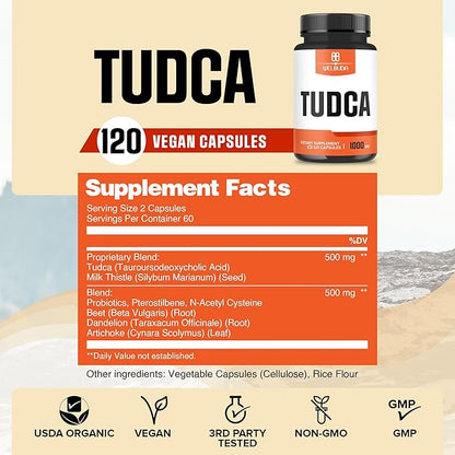 8in1 Tudca 1000mg Supplement - 120 Capsules for 2 Months - Extra Strength with Milk Thistle, Probiotics, Beet Root, Dandelion & More - Support for Immune System, Digestion Health & Brain Health