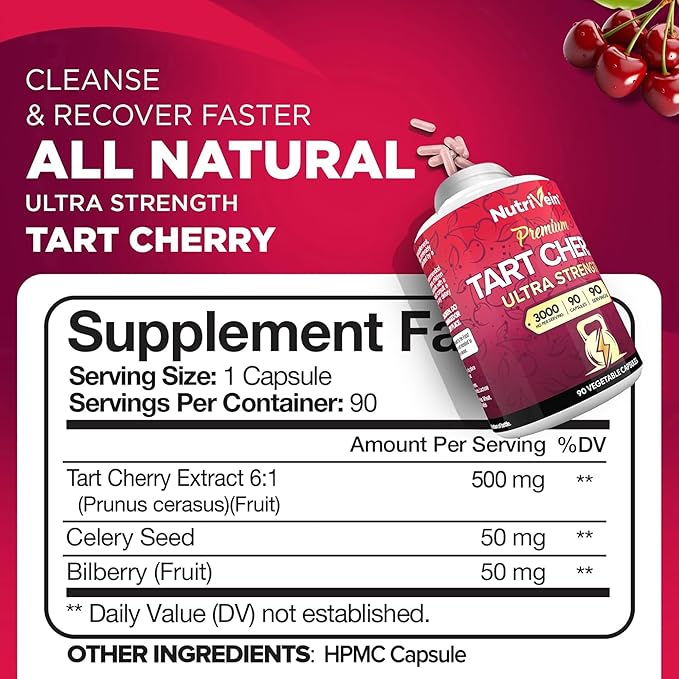 Nutrivein Premium Tart Cherry Capsules 3000mg: Ultra Strength Tart Cherry Extract Supplement for Post-Athletic Recovery, Detox, Rest, & Mobility