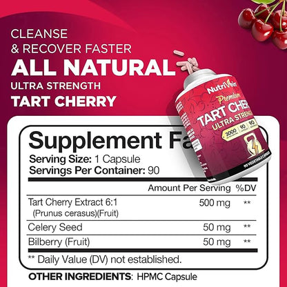Nutrivein Premium Tart Cherry Capsules 3000mg: Ultra Strength Tart Cherry Extract Supplement for Post-Athletic Recovery, Detox, Rest, & Mobility
