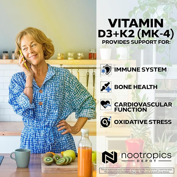 Nootropics Depot Vitamin D3 + K2 with Vitamin C Tablets | 60 Count | Cholecalciferol + Menaquinone-4 (MK-4) | Mood, & Bone Health | Healthy Calcium Absorption