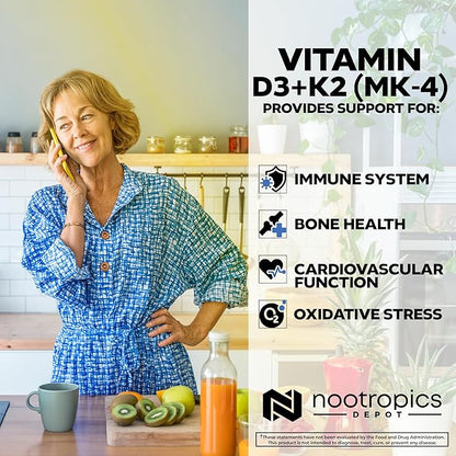 Nootropics Depot Vitamin D3 + K2 with Vitamin C Tablets | 60 Count | Cholecalciferol + Menaquinone-4 (MK-4) | Mood, & Bone Health | Healthy Calcium Absorption