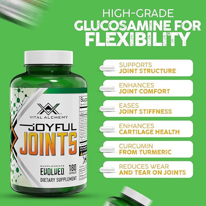 Vital Alchemy Joyful Joints Support Supplement for Women & Men with MSM, Glucosamine Sulfate 1500 mg,Turmeric Supplement with Hyaluronic Acid, Bromelain, Bioperine, 180 Cap, 60 Day Supply - USA Made