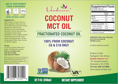 Verdana MCT Oil – 32 Fl Oz Dietary Supplement – 100% Coconut Derived, Fractionated, Food Grade – for Oil Pulling, Keto Coffee, Oral Rinse, Massage & Aromatherapy – Vegan, Non-GMO, Kosher