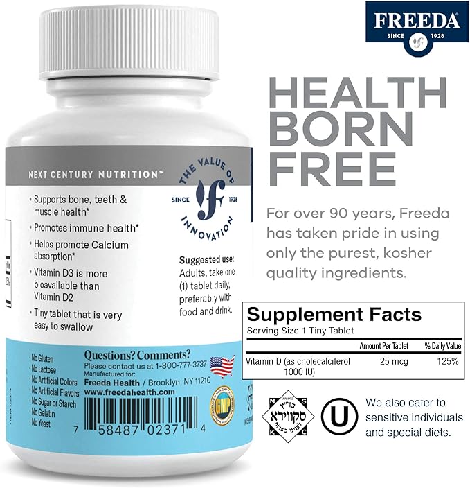 FREEDA Vitamin D3-1000 IU - Pure High Potency Kosher Supplement Tablets - Bone and Muscle Health, Calcium Absorption, Immune Support for Men and Women* - 500 Count