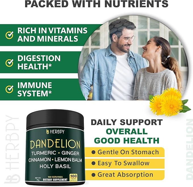 Dandelion Root Supplement 7500mg 6in1 for Digestion, Heart Health & Immune - Blended with Ginger, Turmeric Curcumin, Ceylon Cinnamon, Lemon Balm & Holy Basil - 100 Dandelion Capsules