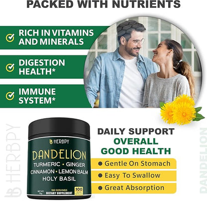 Dandelion Root Supplement 7500mg 6in1 for Digestion, Heart Health & Immune - Blended with Ginger, Turmeric Curcumin, Ceylon Cinnamon, Lemon Balm & Holy Basil - 100 Dandelion Capsules