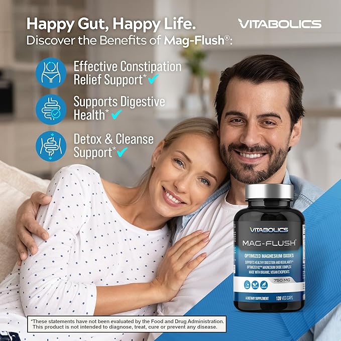 Mag Flush Magnesium Oxide Capsules 750mg 120 Vcaps - Oxygenated Magnesium Oxide Supplement for Constipation Relief, Colon Cleanse, Laxative and Digestion Support for Women and Men