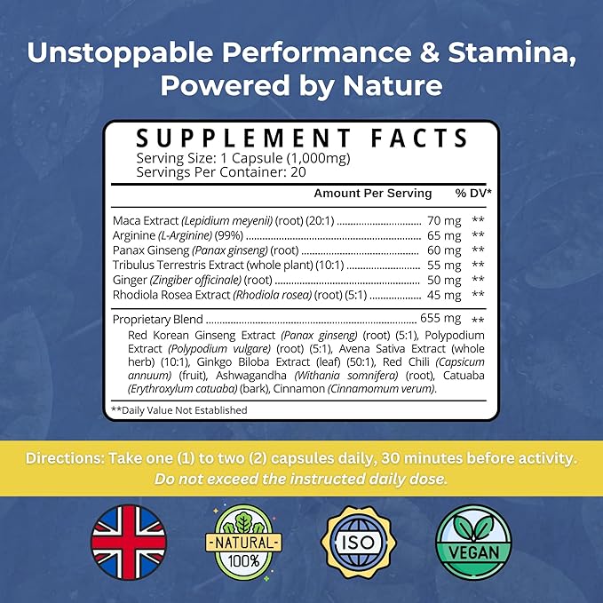 Natagra 1000mg Herbal Supplement – Maca, Tribulus, Ginseng – Supports Energy & Well-Being – Vegan, UK Made