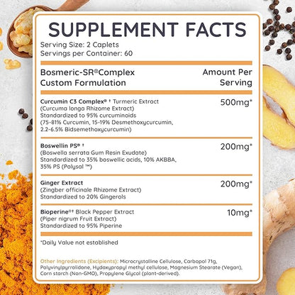 Joint Support Supplement, Potent Blend of Turmeric Curcumin with Black Pepper, Boswellia Extract & Ginger, Fast-Acting Joint Supplement, 8-Hour Sustained Release, 120 Caplets - Sanjevani