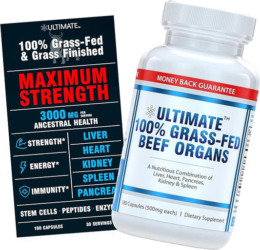 Ultimate 100% Grass Fed Beef Organs Supplement Supports Energy & Whole Body Wellness* with a Complex of Desiccated Beef Liver, Heart, Kidney, Pancreas & Spleen. Pesticide Free & Non-GMO, 180 Capsules