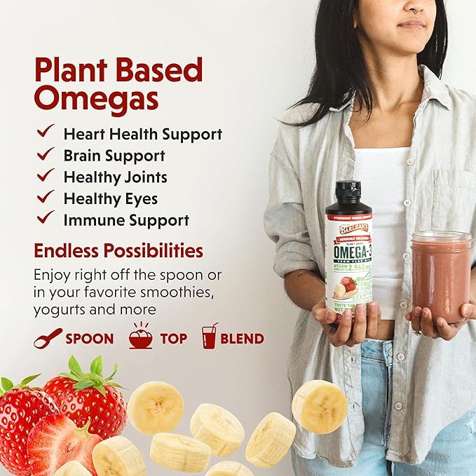 Barlean's Strawberry Banana Omega 3 Liquid Flaxseed Oil with 2,968 mg Vegan Omegas 3 6 9, Smoothie Supplements for Kids and Adults, Non-GMO and Gluten Free, 16 oz
