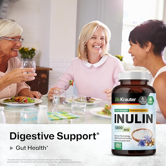 BIO KRAUTER Inulin Powder Capsules - 1200 mg Strength - 250 Count - Pure Soluble Fiber Supplements - Chicory Root Fiber Capsules for Digestive Support - Vegan