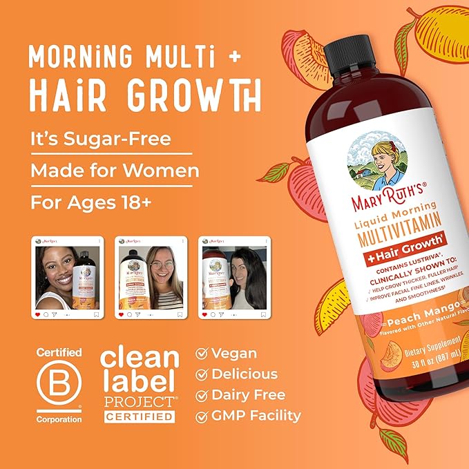 MaryRuth's Liquid Multivitamin + Hair Growth | Clinically Tested for Thicker Hair & Facial Wrinkles in Women | Biotin 10000mcg | Lustriva Hair Growth Supplements | Skin Care | Ages 18+ | 30 Fl Oz