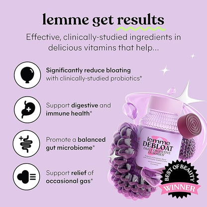 Lemme Debloat - Digestive & Gut Health Gummies with 2 Clinically Studied Probiotics & Prebiotic, 3 Billion CFUs - Vegetarian, Gluten Free, Non GMO, BlackBerry Flavor (60 Count) (Pack of 2)