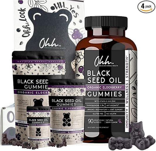 Organic Ethiopian & Turkish Black Seed Oil Elderberry Vegan Gummies w/ Zinc & Vitamin D, 3.3% Thymoquinone - Cold Pressed - 90 Count + 3 Shareable Pouch Packs 15 Count Each - On Go Gift Try Size