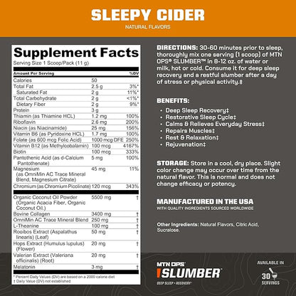 MTN OPS Slumber Sleep Aid for Muscle Recovery & Deep Sleep, Sleepy Cider Sleep Support Powder Drink Mix, 30 Servings