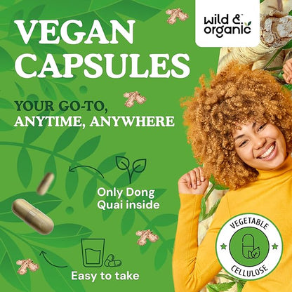 Wild & Organic Dong Quai Capsules for Women - 1000 mg per Serving - Dong Quai Root Supplement - 30-Day Supply - Traditional Angelica Sinensis - Non-GMO, Vegan - 60 Count
