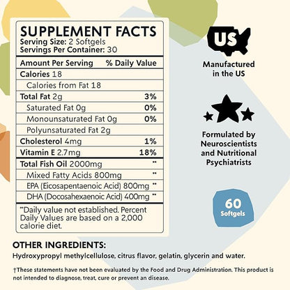 Omega-3 Supplement by PYM for Mood and Emotional Support (60 Count) | Omega-3 Fatty Acids, DHA, EPA & Vitamin E | Non-GMO, Gluten-Free, No Added Sugar