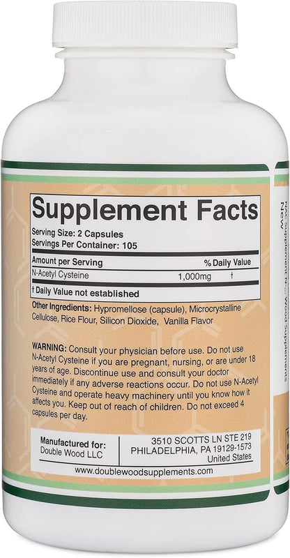 NAC Supplement N-Acetyl Cysteine (1,000mg Per Serving 500mg Per Cap, 210 Capsules) (Third Party Tested) with Odor Masking Technology to Boost Glutathione Levels by Double Wood