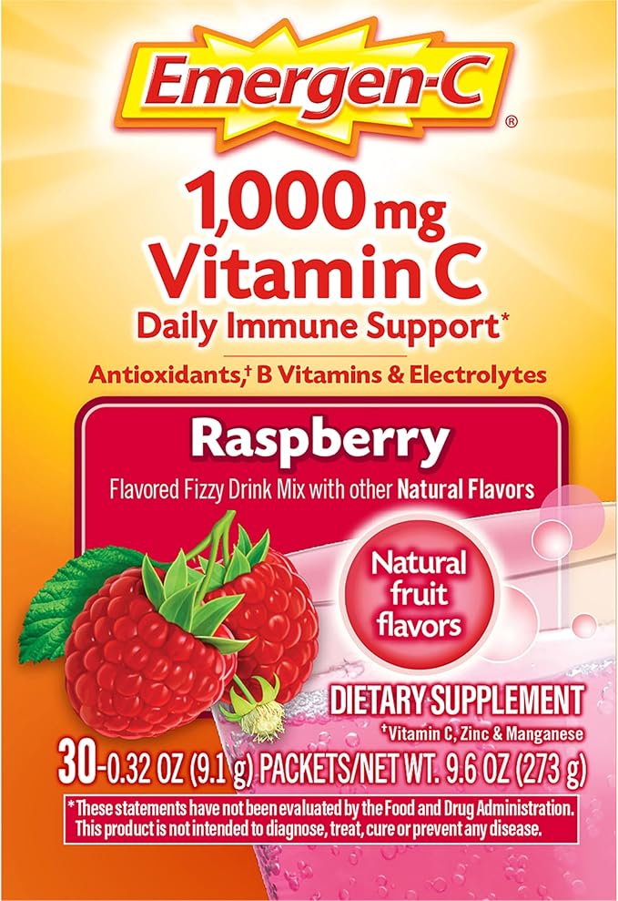 Emergen-C 1000mg Vitamin C Powder, with Antioxidants, B Vitamins and Electrolytes, Supplements for Immune Support, Caffeine Free Fizzy Drink Mix, Raspberry Flavor - 30 Count/1 Month Supply