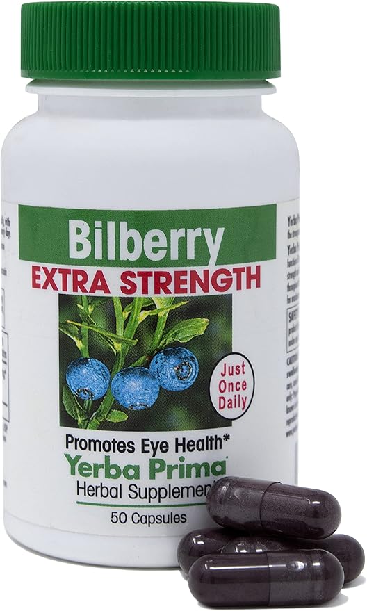 Yerba Prima Bilberry Extra Strength, 50 Caps - Maximum Absorption, Convenient One Pill A Day, USA Made, Promotes Eye Health, Over 30 Years of Research, A Brand You Can Trust