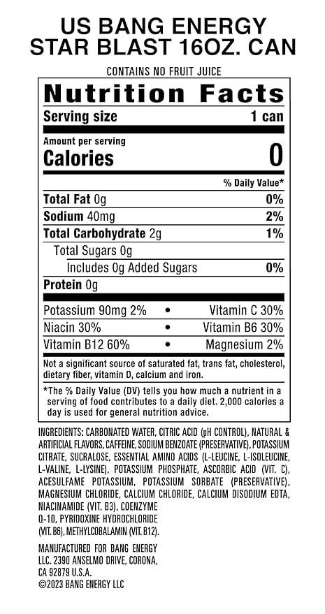 Bang Energy Star Blast, Sugar-Free Energy Drink, 16 Ounce (Pack of 12)