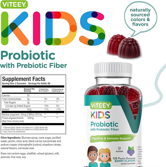 Probiotic Gummies for Kids Plus Prebiotics Fiber - 2 Billion CFUs - Digestive Health,Gut Health, Constipation Relief for Kids Support - Vegan, Gelatin Free - Chewable Probiotic Berry Flavored Gummy