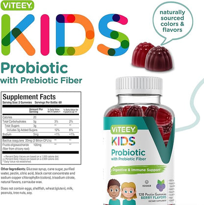 Probiotic Gummies for Kids Plus Prebiotics Fiber - 2 Billion CFUs - Digestive Health,Gut Health, Constipation Relief for Kids Support - Vegan, Gelatin Free - Chewable Probiotic Berry Flavored Gummy