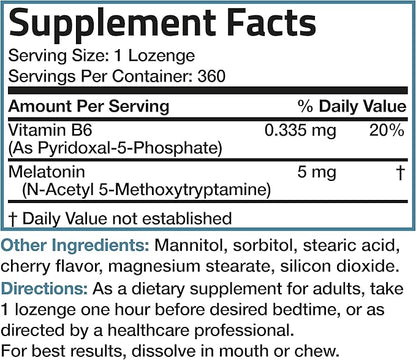 Bronson Melatonin 5mg Fast Dissolve Cherry Flavor Tablets with Vitamin B6 - Nighttime Sleep Aid - Promotes Relaxation, 360 Vegetarian Chewable Lozenges