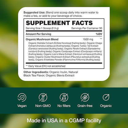 Fresh Nutrition Organic 8 Mushroom Complex Powder - Lion's Mane, Reishi, Cordyceps, Chaga, Enokitake, Turkey Tail, Maitake, and Oyster Mushrooms