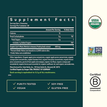 Gaia Herbs Lion's Mane Mushroom - Natural Brain Support Supplement - Made with Organic Lion's Mane Mushrooms - Free from Gluten, Soy & Dairy - 60 Vegan Gummies (30 Servings)