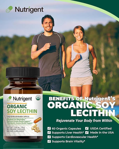USDA Organic Soy Lecithin Supplement 800 mg, High Absorption Liquid Organic Capsules, Choline Lecithin Supplement for Brain & Liver Health Support, Non-GMO, Gluten Free, 60 Count