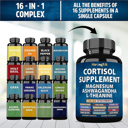 Cortisol Supplements for Women and Men with Magnesium, Ashwagandha & L-Theanine. High Cortisol Reducer, Manager, Detox, Lower and Control. Sleep Support & Stress Relief, USA