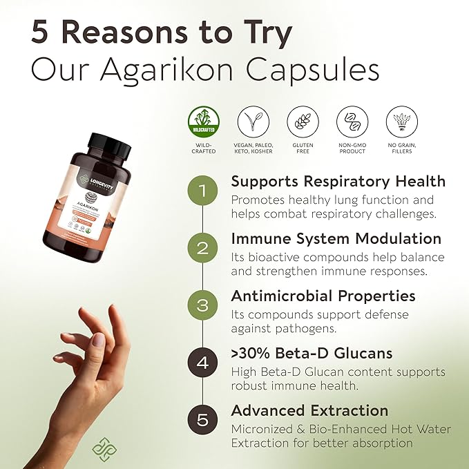 Longevity Botanicals Wildcrafted Agarikon Mushroom Extract Capsules (120) | Concentrated 10:1 Ratio | 100% Fruiting Bodies | Laricifomes Officinalis Supplement for Immunity & Respiratory Support