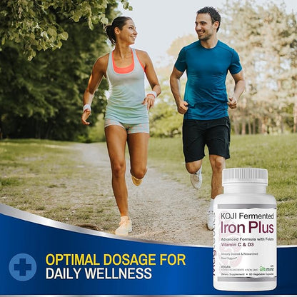 Koji Fermented Iron Plus - Iron Supplement with Vitamin C, Vitamin D3 and Folate for Blood Support, Easily Absorbed and Bioavailable, Stomach Friendly, Vegan, Non-GMO - 60 Capsules