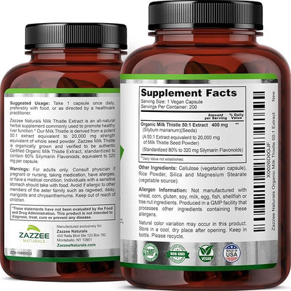 Zazzee Organic Milk Thistle 50:1 Extract, 20,000 mg Strength, 200 Vegan Capsules, 80% Silymarin Flavonoids, Over 6 Month Supply, Standardized and Concentrated 50X Extract, All-Natural and Non-GMO