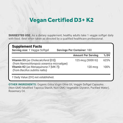 Vegan Vitamin D3 + K2 with Extra Virgin Olive Oil | 5000iu Vitamin D with 120mcg MK7 Vitamin K | Better Support for Bone & Immune Health | Vegan Society Certified 180 Softgels