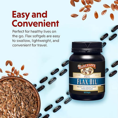 Barlean's Lignan Flaxseed Oil Softgels, Cold-Pressed Flax Seed Supplement with 1,550 mg ALA Omega-3 Fatty Acids, 1000mg, 100 ct