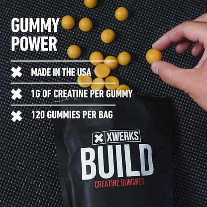 Xwerks Build Creatine Gummies for Men & Women, 120 Count, 100% Pure Creatine Monohydrate, Lemon Flavored Muscle Building Gummy (4g per Serving) Pre Workout Anti-Melting Gummies (5,000mg