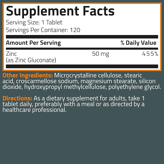 Bronson Zinc 50 MG High Potency Supports Skin Health - Non-GMO, 120 Vegetarian Tablets