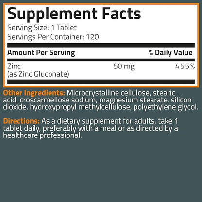Bronson Zinc 50 MG High Potency Supports Skin Health - Non-GMO, 120 Vegetarian Tablets