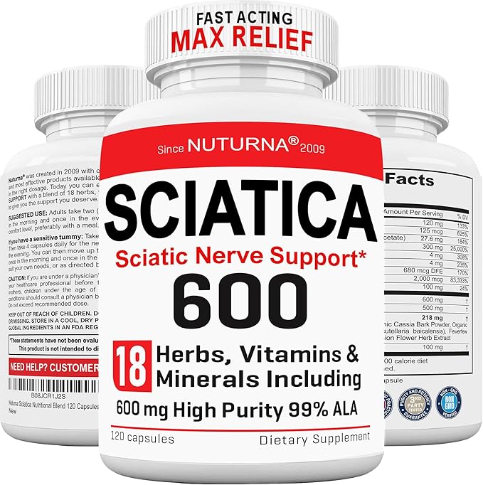 Sciatica Supplement Nerve Relief with 600 mg Alpha Lipoic Acid - Maximum Strength ALA Sciatic Support for Feet, Hands, Fingers, and Legs - Ultra Potent 18-in-1 Natural Nerve Vitamins - 120 Capsules