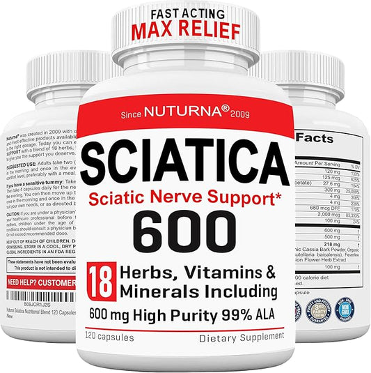 Sciatica Supplement Nerve Relief with 600 mg Alpha Lipoic Acid - Maximum Strength ALA Sciatic Support for Feet, Hands, Fingers, and Legs - Ultra Potent 18-in-1 Natural Nerve Vitamins - 120 Capsules