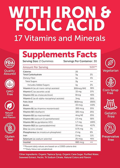 Prenatal Vitamins for Women with Iron & Folic Acid - Tastiest Proprietary Formula - Daily Pregnancy Multivitamin with VIT.A,B Complex, C,D,E,Zinc - Non-GMO Prenatal Vitamin Gummies for Women, 9 Pack