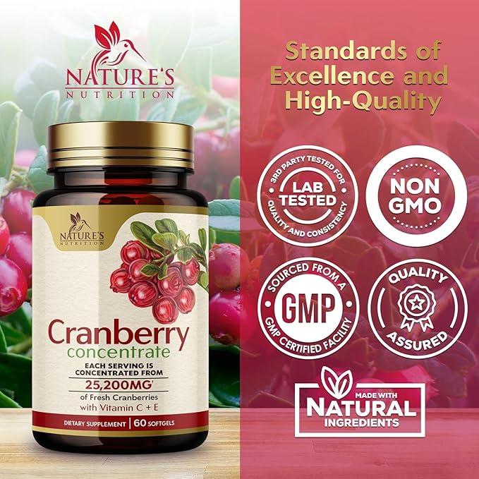 Cranberry Concentrate Extract Supplement for Women & Men + Vitamin C - 25,000mg Formula for Urinary Tract Health Support, Non-GMO and Gluten Free, Cranberry Pills Supplement - 60 Capsules