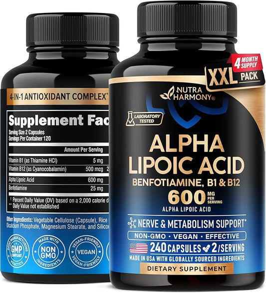 Alpha Lipoic Acid 600mg - ALA Supplement Antioxidant for Nerve, Energy & Metabolism Support - Extra Strength with Benfotiamine, Vitamins B1 & B12 - Lab Tested, NON-GMO & Vegan - 240 Capsules
